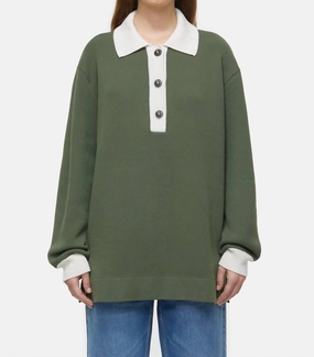 Women's Polo Shirt In Two-Tone In Green Weed Casual Chic Knit