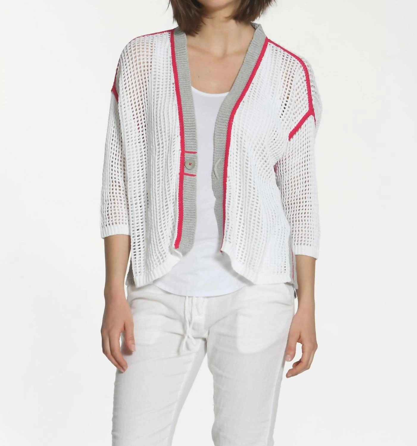 Waffle Knit Fade Resistant Dye Women's Refresh Cardigan In White/grey