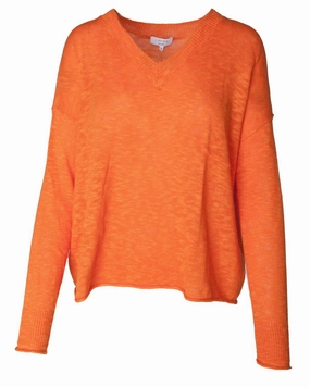 Soft and Elegant Women's Slub V Neck Sweater In Tangerine