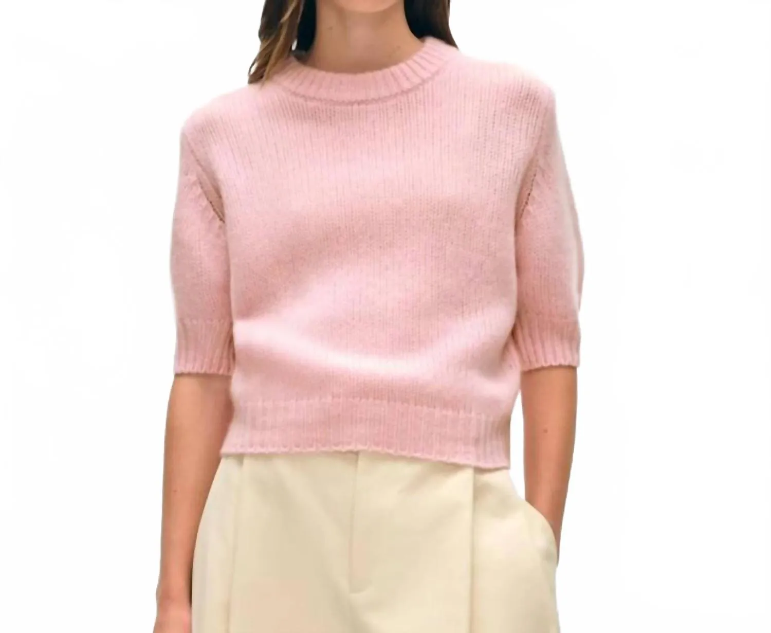 Women's Cashmere Featherweight Puff Crew Top In Primrose Versatile Knit elegant design
