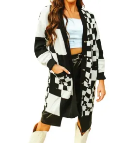Cozy Style Smart Style Women's Cowboy Bueno Checkered Cardigan In Black