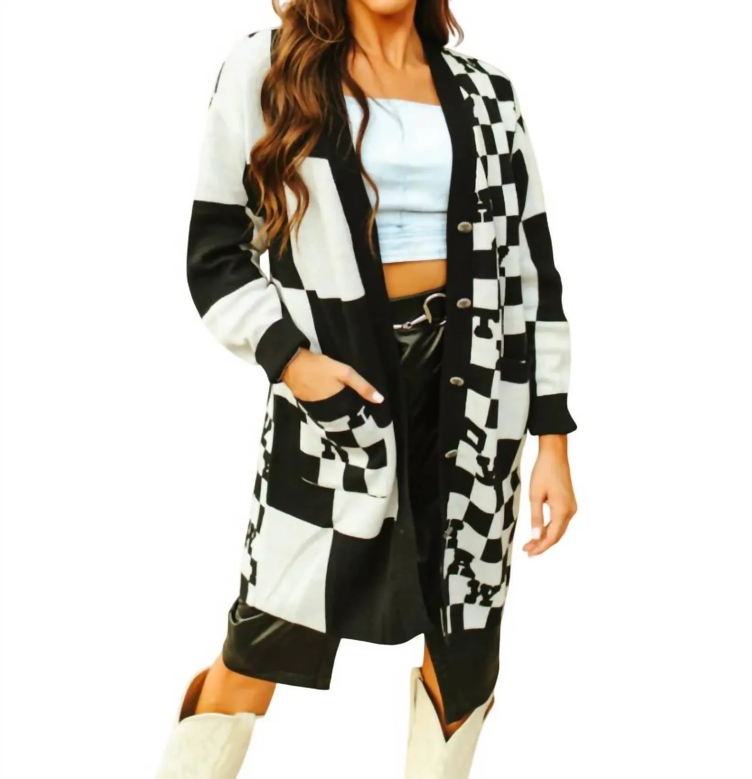 Cozy Style Smart Style Women's Cowboy Bueno Checkered Cardigan In Black