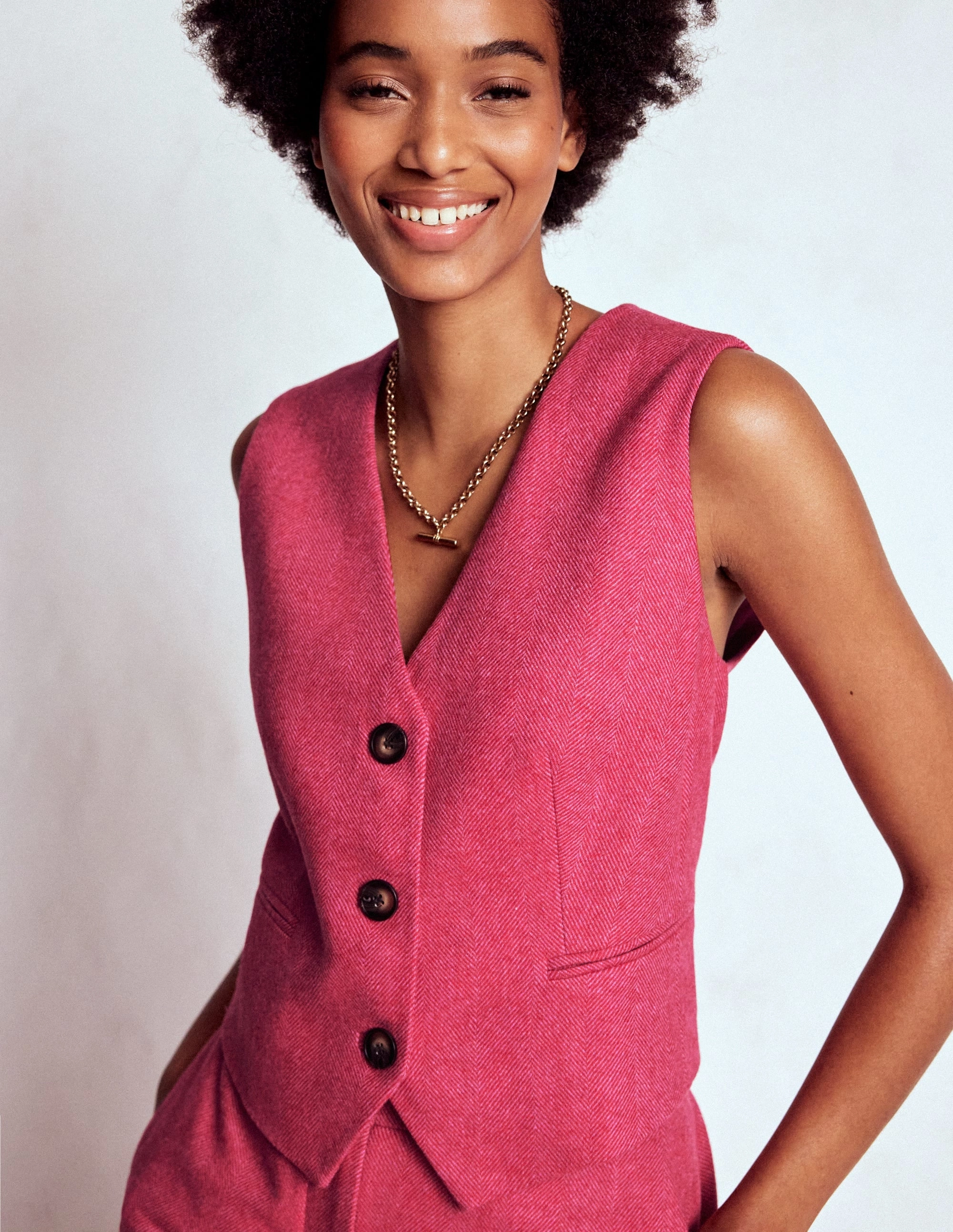 Zipper Closure Mechanism Wool Herringbone Waistcoat-Pink Herringbone