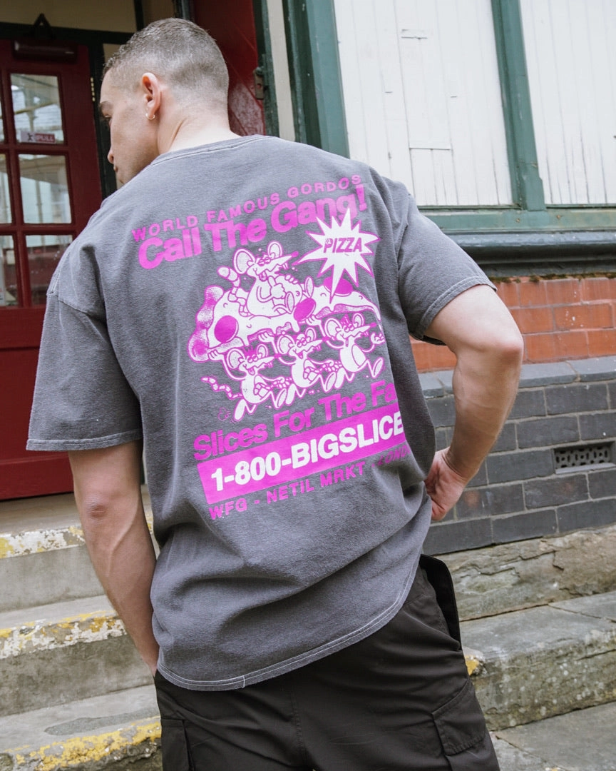 World Famous Gordos 'Call The Gang' Vintage Washed Tee - Black Layered Shoulder Design