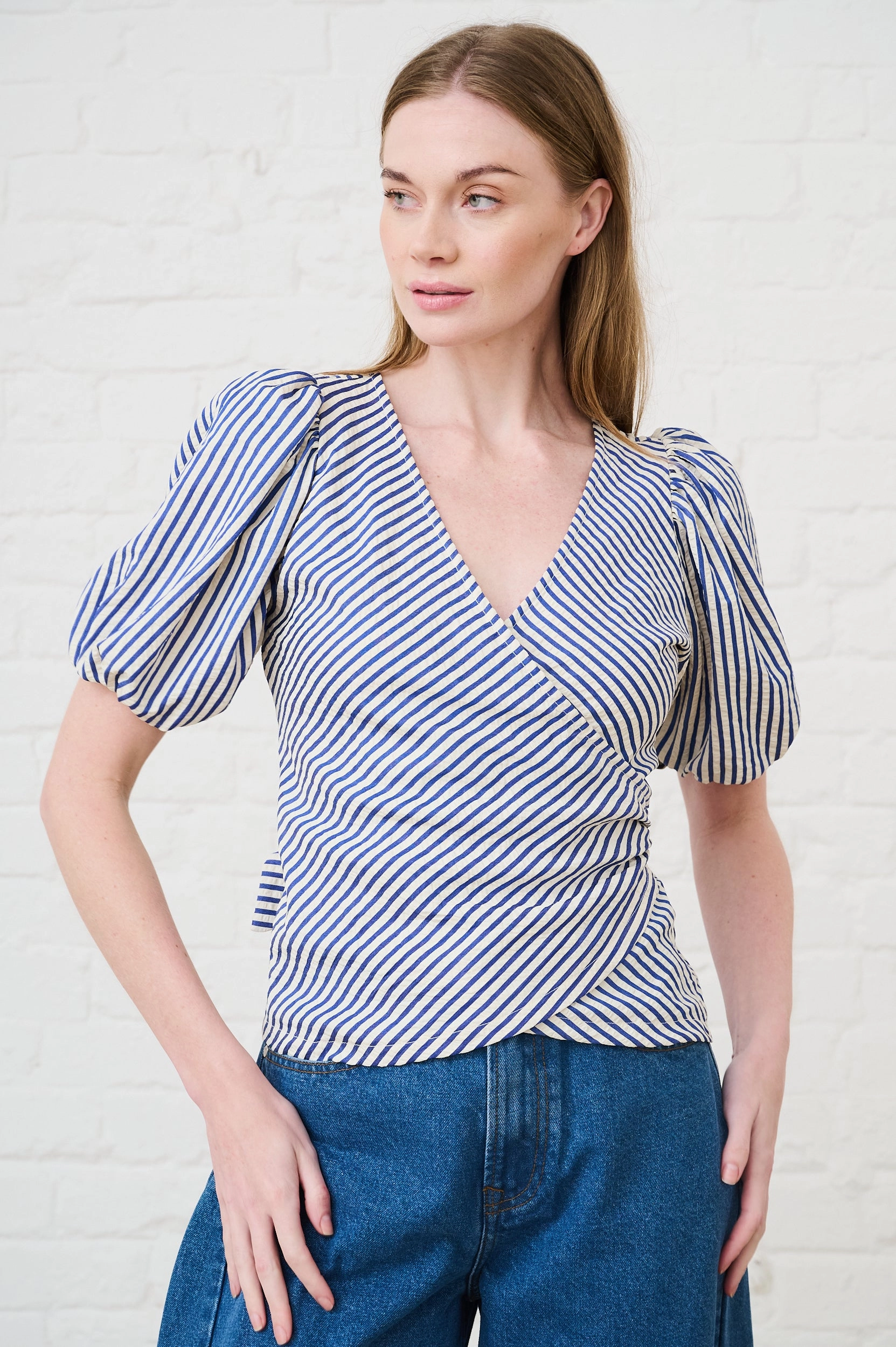 Versatile Layering Cut Hot Weather Wrap Top in Blue Stripe
