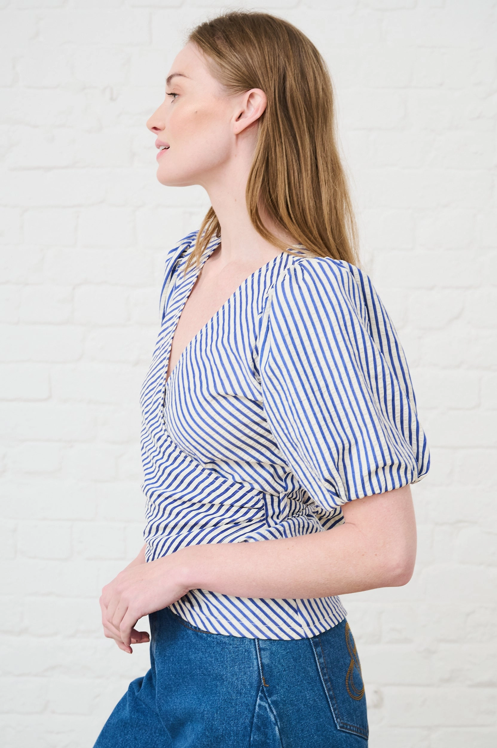 Adjustable Cuff System Wrap Top in Blue Stripe