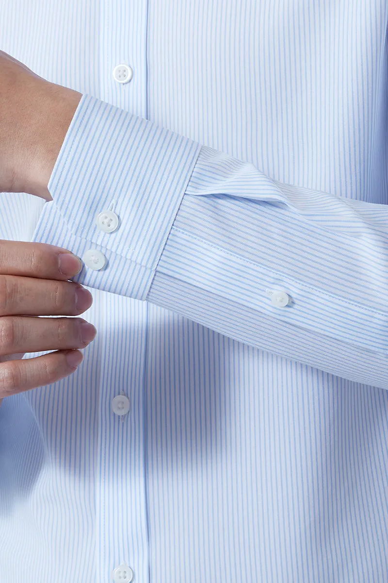 Unstructured Shoulder Mesh Insert Wrinkle-Free Poplin Dress Shirt | Light Blue Stripes 15103N