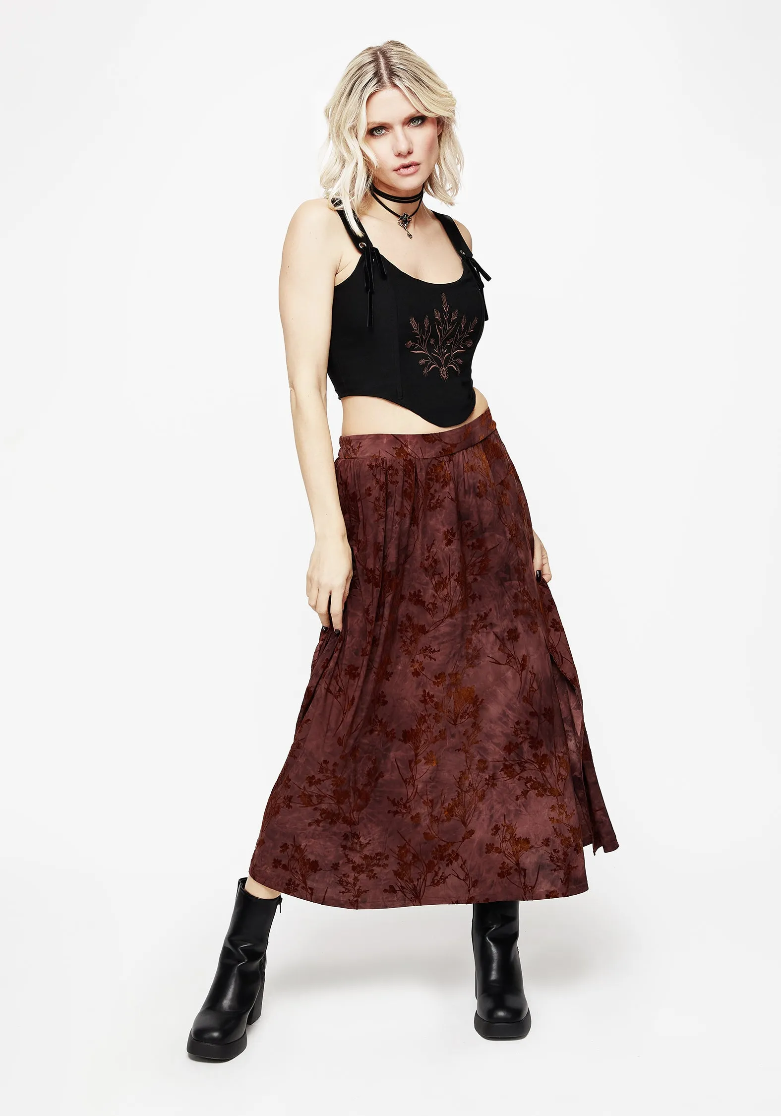 personalized option Wytchelm Floral Flocked Velour Midaxi Skirt - Red