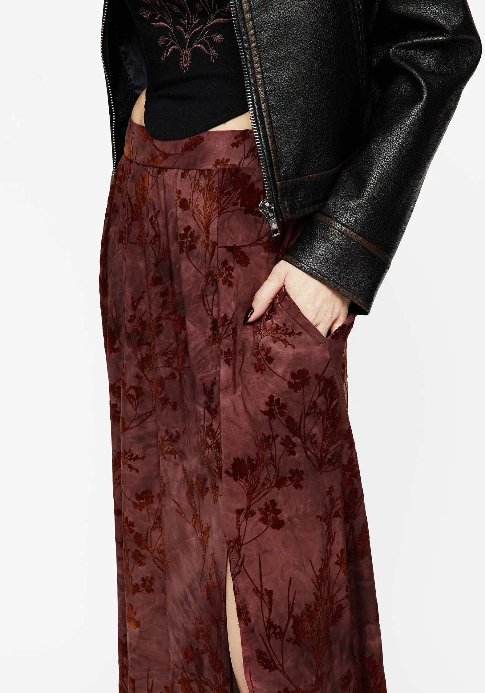 Wytchelm Floral Flocked Velour Midaxi Skirt - Red City Wear High Density Weave