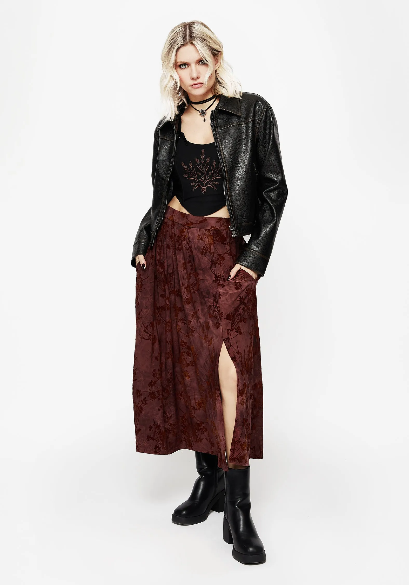 Urban Mood Wytchelm Floral Flocked Velour Midaxi Skirt - Red
