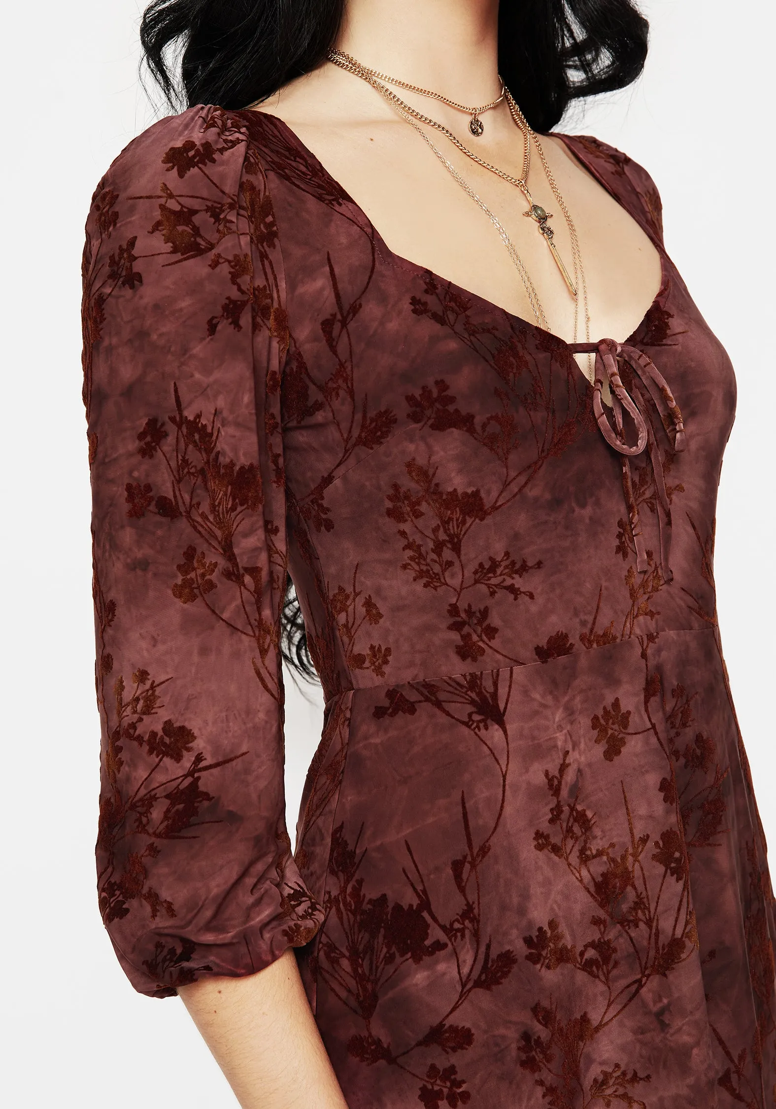 Wytchelm Floral Flocked Velour Mini Dress - Red Dreamy Texture Feminine Look