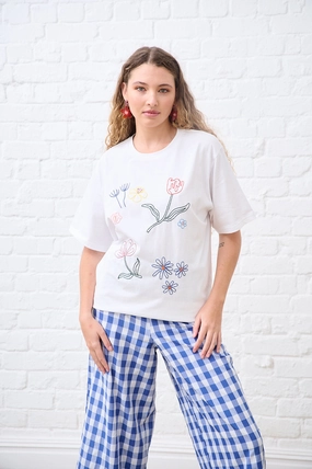 The Boxy Tee with Flower Embroidery Bound Seam Finish
