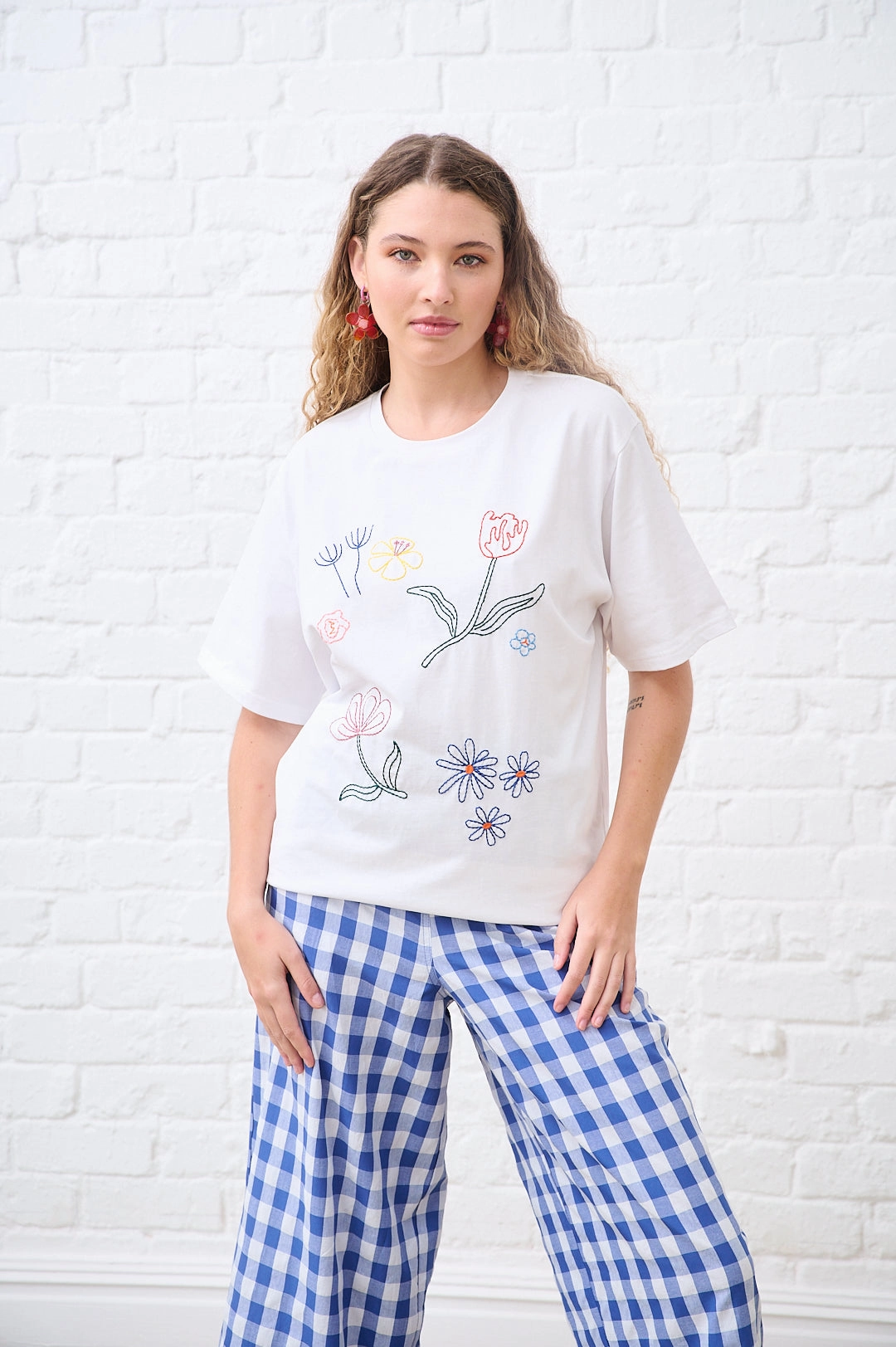 The Boxy Tee with Flower Embroidery Bound Seam Finish