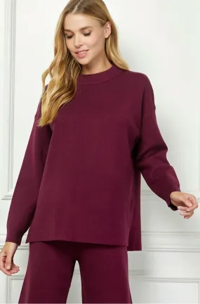 Layering pieces Classic Knit Design Mock Neck Sweater Top In Burgundy