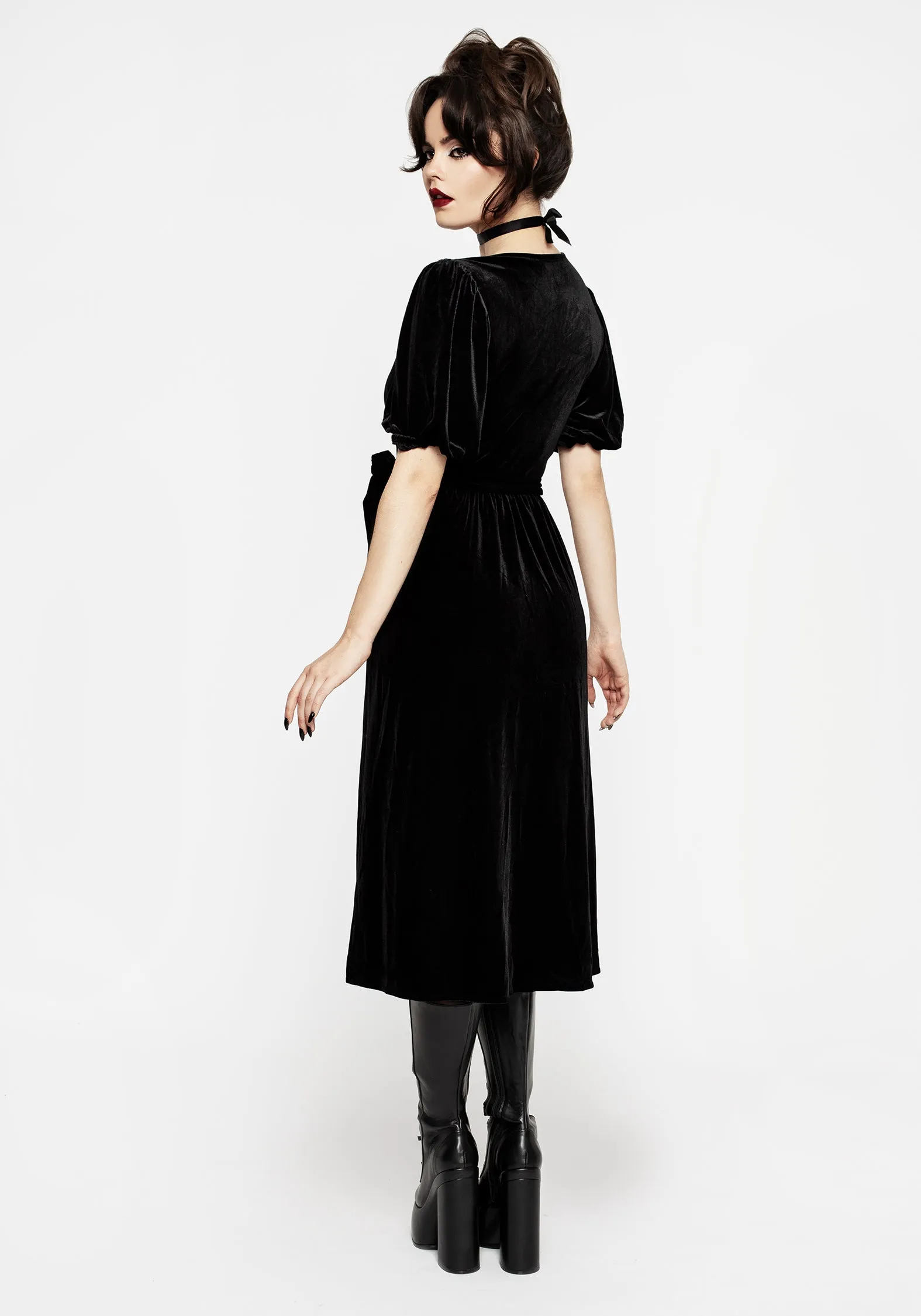 Flowing Lines Bold Elegance Zarina Embroidered Midi Wrap Dress - Black