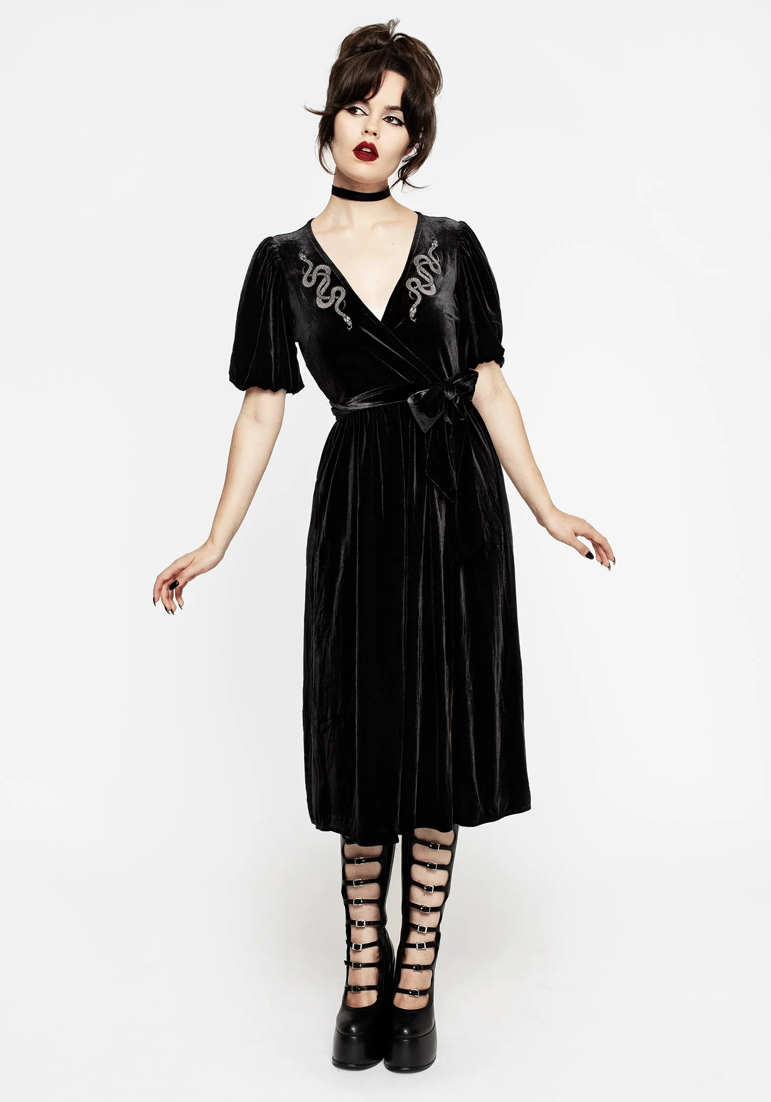 Midi-Length Lined interior Zarina Embroidered Midi Wrap Dress - Black