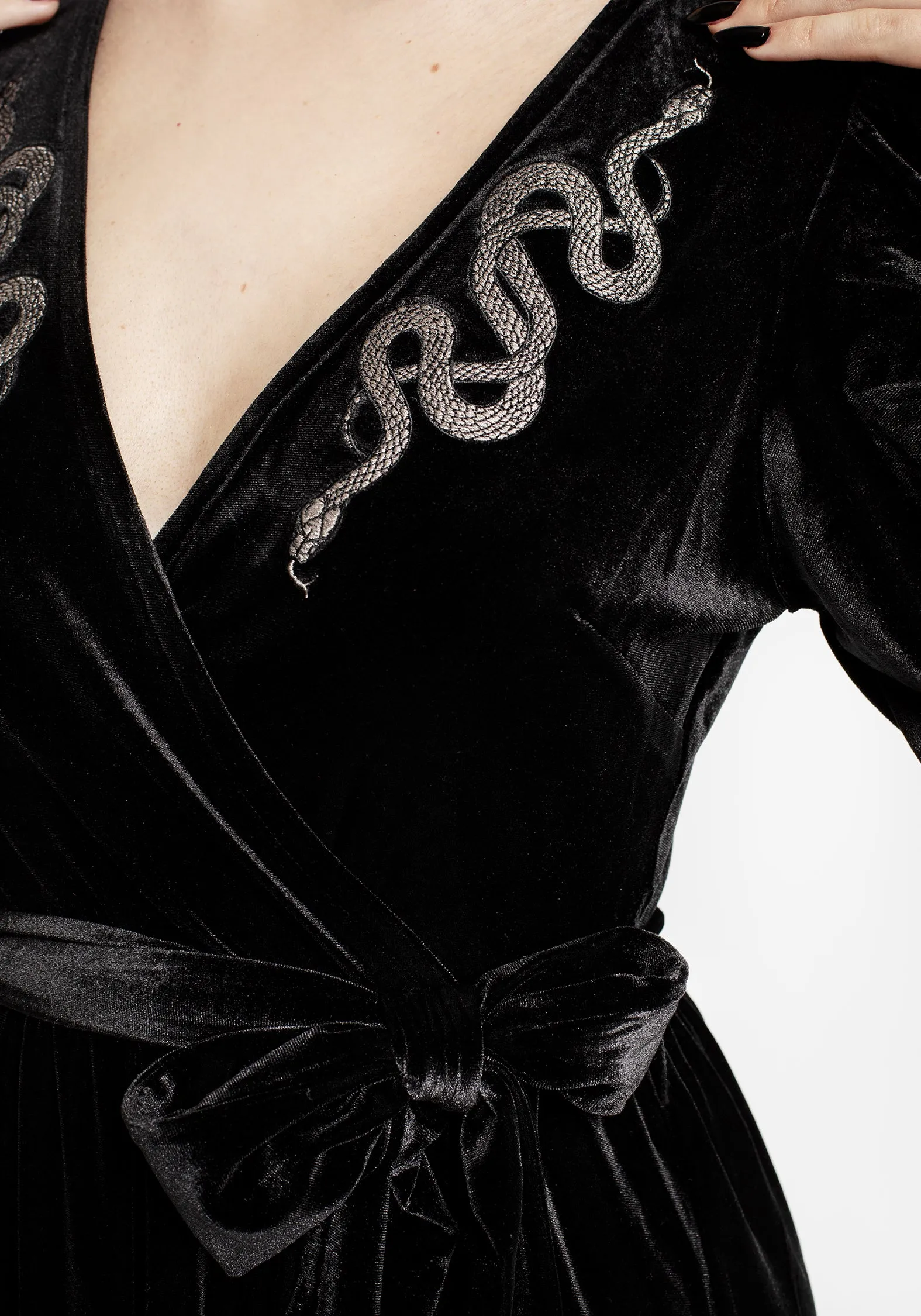 Zarina Embroidered Midi Wrap Dress - Black Pearl-Detail