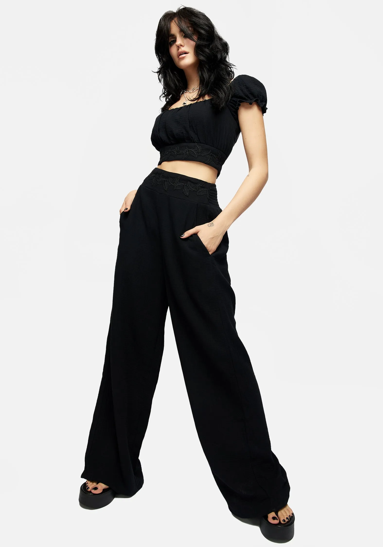 Vine Textured Wide Leg Trouser Trendy Waist