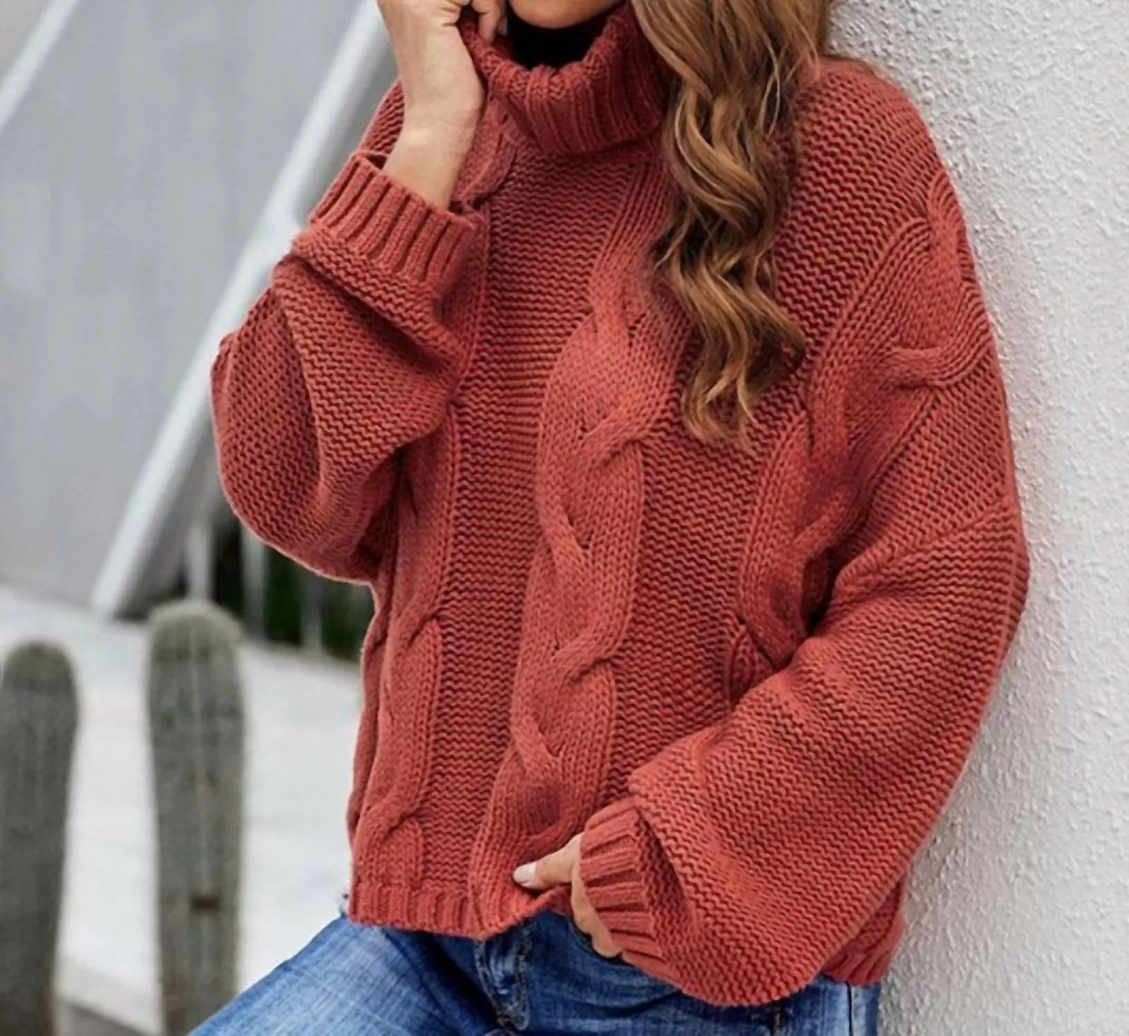 Knitwear Design Layered Knit Style Weather Cable Knit Turtleneck Sweater In Red