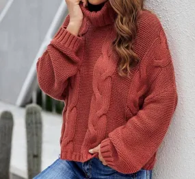 Knitwear Design Layered Knit Style Weather Cable Knit Turtleneck Sweater In Red