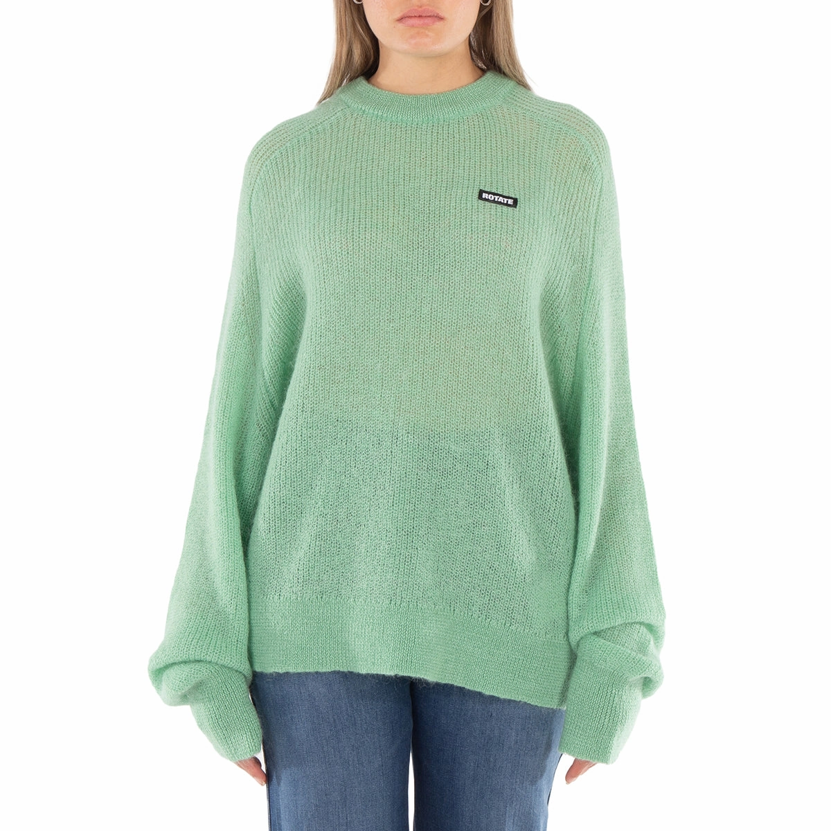 Rotate Ladies Grayed Jade Light Knit Logo Sweater Hypoallergenic Yarn Construction
