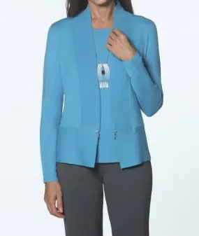 Casual Styling Layered Look Zip Rib Cardigan In Blue