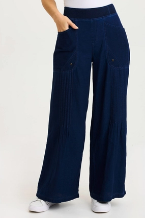 Minimal Style Ralston Indigo Twill Lightweight Pleated Wide Leg Pant