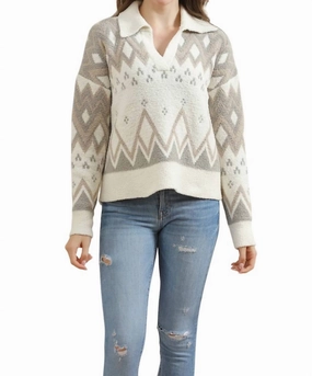 Fashion Knit Tactile Grid Knit Tribal Pattern Collared Sweater In Beige