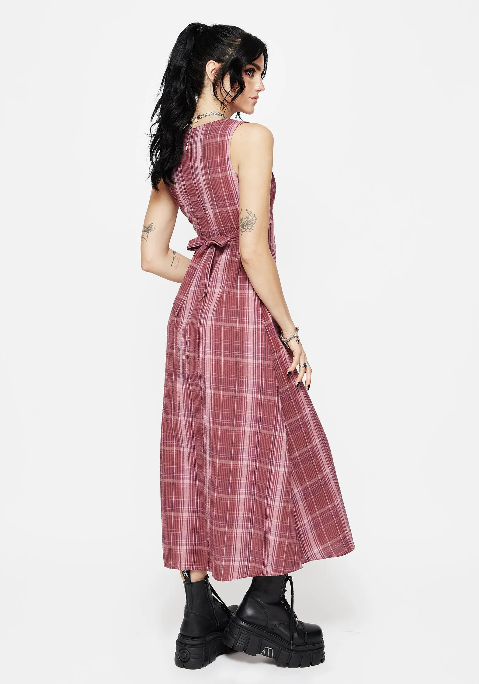 Zorina Cotton Check Midaxi Dress Gathered-Detail Polished Finish