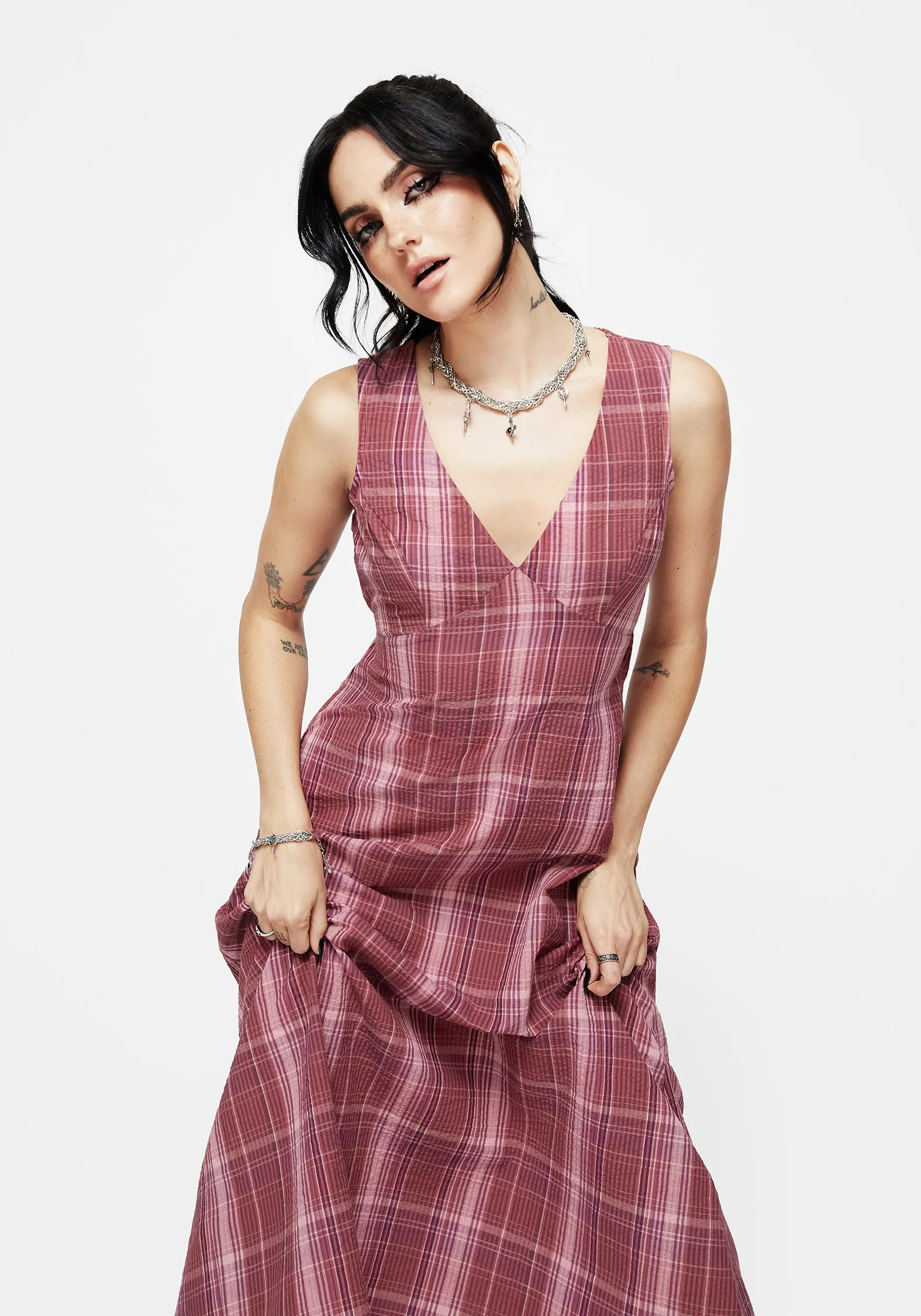 Side Tie Unlined Look Zorina Cotton Check Midaxi Dress